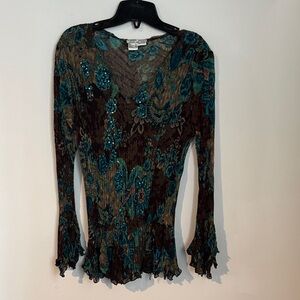 Alberto Makali Teal and Brown Floral Long Sleeve V-Neck Top